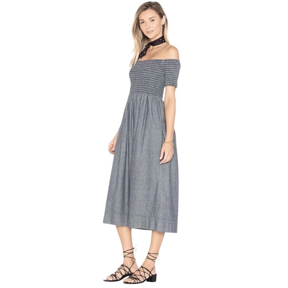 The Great Carnival Off Shoulder Smocked Midi Dress Size  0 US XS Indigo Chambray